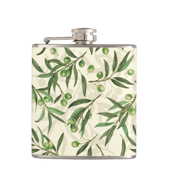 Olive branches watercolor hip flask (Front)