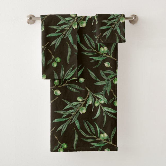 Olive branches watercolor on black bath towel set (Insitu)