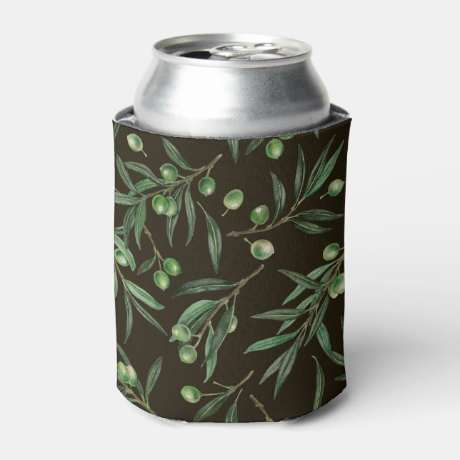 Olive branches watercolor on black can cooler (Can Front)