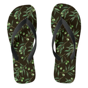 Olive branches watercolor on black flip flops