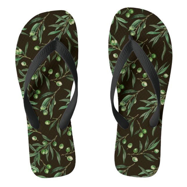 Olive branches watercolor on black flip flops (Footbed)