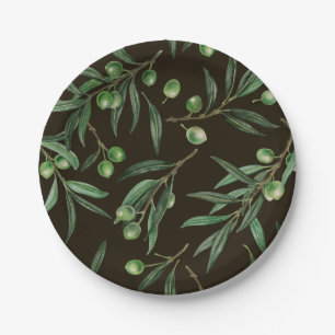 Olive branches watercolor on black paper plate