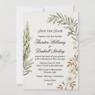 Olive Branches, White Wildflowers, Embossed Corner Invitation