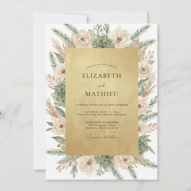Olive Champagne Pampas Eucalyptus Wedding Invitation (Front)