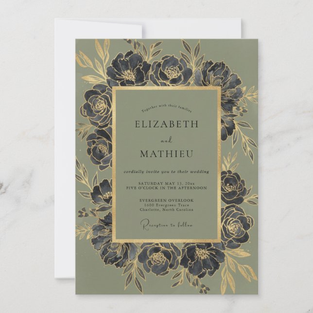 Olive Charcoal Ranunculus Eucalyptus Wedding Invitation (Front)