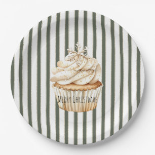 Olive Cream Stripes Snowflake Cupcake Christmas Paper Plate