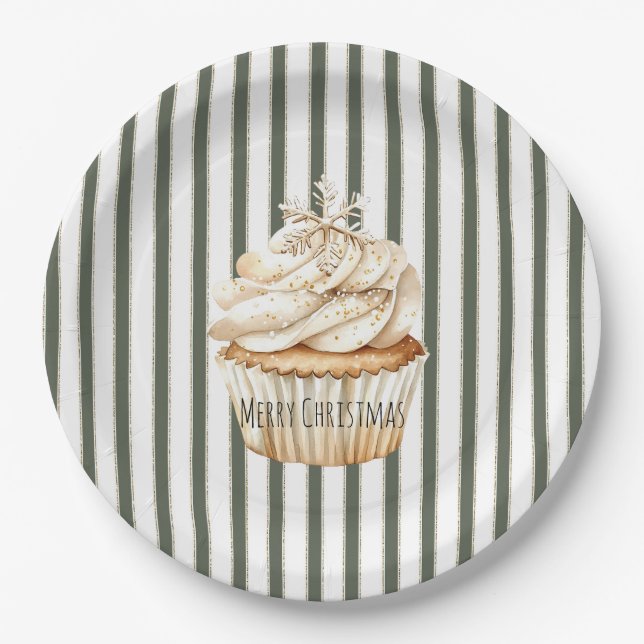 Olive Cream Stripes Snowflake Cupcake Christmas Paper Plate (Front)