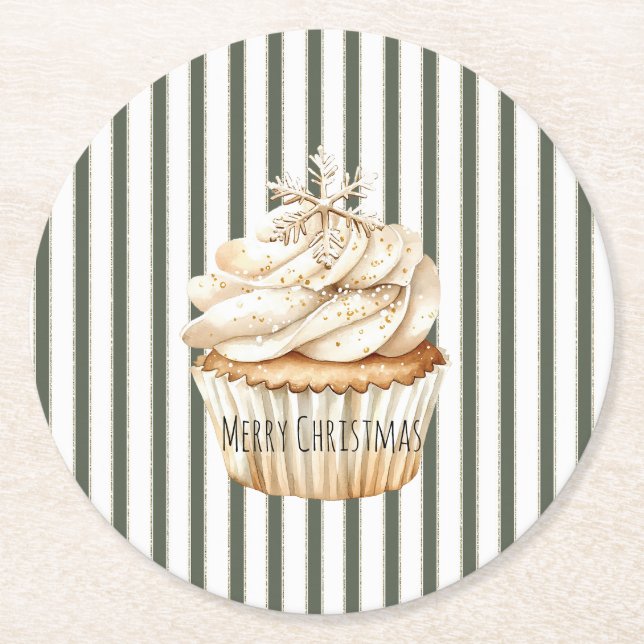 Olive Cream Stripes Snowflake Cupcake Christmas Round Paper Coaster (Front)