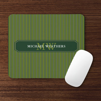 Olive & Dark Green Stripes Your Name and Initials Mouse Pad