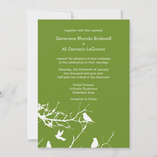 Olive Drab Love Birds Wedding Customizable Invitation (Front)