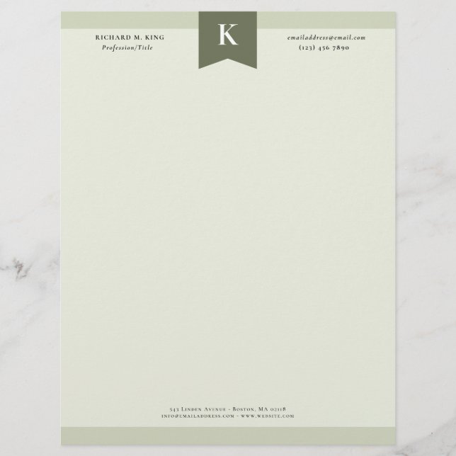 Olive Elegant Bold Monogram Contact Info Letterhead (Front)