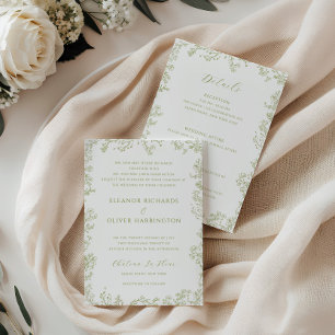Olive Floral Line Art Border All-in-one Wedding Invitation