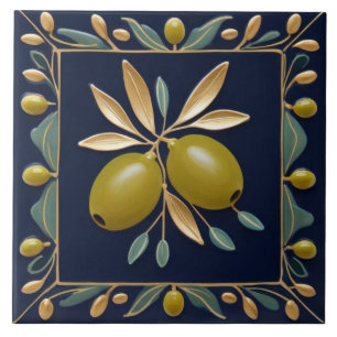 Olive Fruit Navy Blue Green Olives Mediterranean Tile