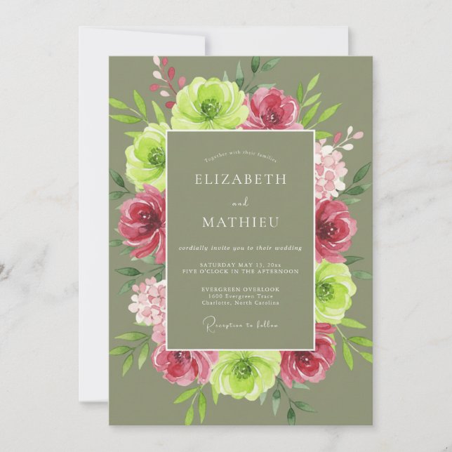 Olive Fuchsia Wreath Wedding Invitation (Front)
