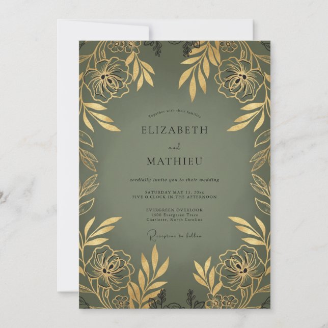 Olive Gold Leafy Wedding Invitation (Front)