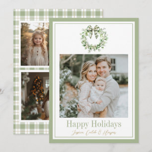 Olive Gold Plaid Wreath Preppy Bow Christmas Card