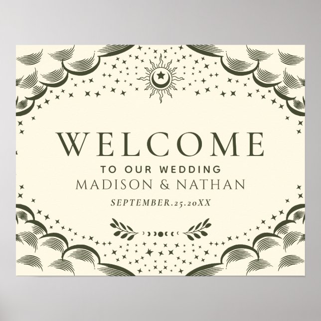 Olive Gothic Tarot Card Wedding Welcome Sign (Front)