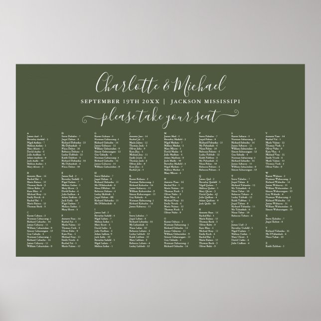 Olive Green 300 Names Wedding Seating Chart (Front)