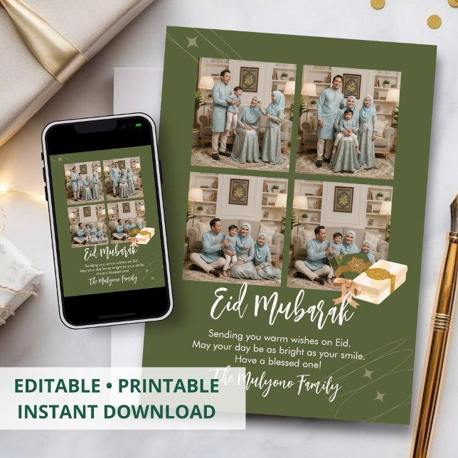 Olive Green 4 Photo Collage Eid Mubarak Card (Creator Uploaded)