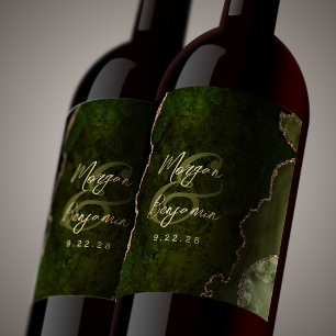 Olive Green Agate Gold Script Wedding Wine Label