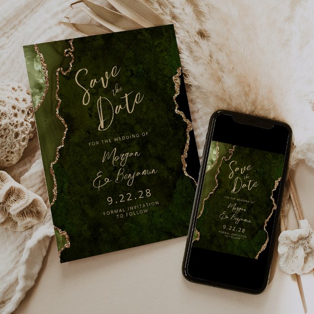 Olive Green Agate Script Wedding Save the Date Invitation (Creator Uploaded)