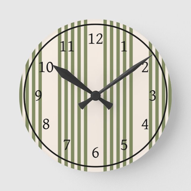 Olive green and beige five stripes pattern round clock (Front)