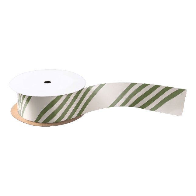 Olive green and beige five stripes pattern satin ribbon (Spool)