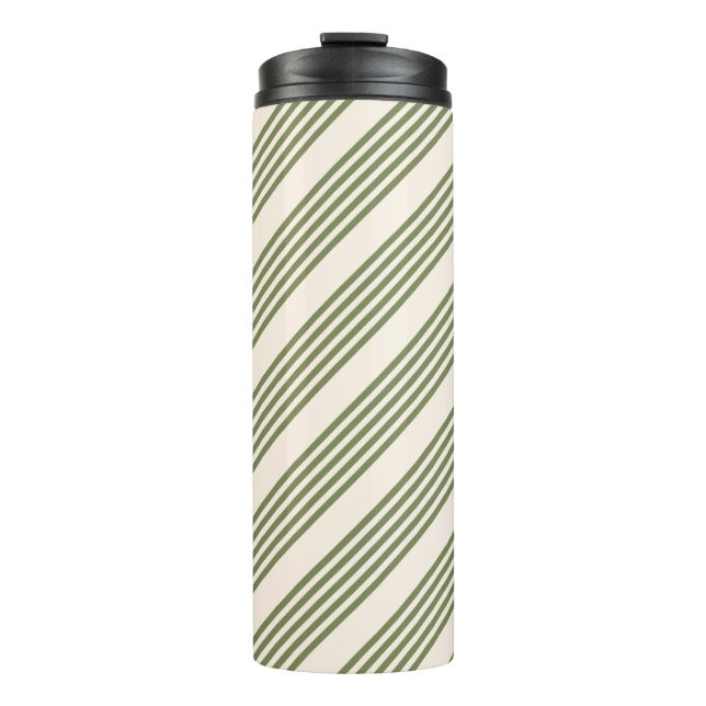 Olive green and beige five stripes pattern thermal tumbler (Front)