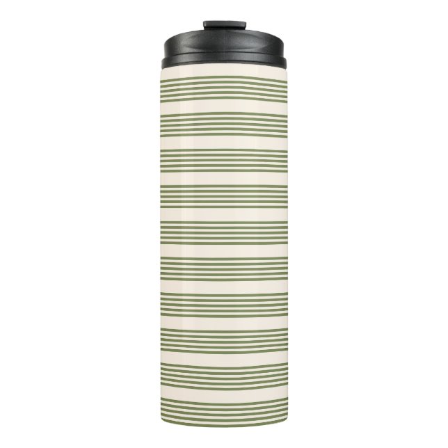 Olive green and beige five stripes pattern thermal tumbler (Front)