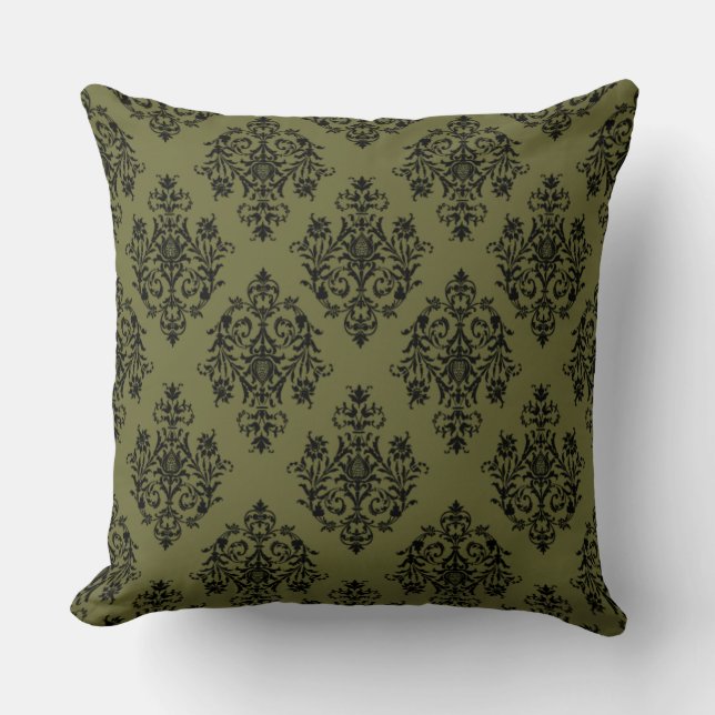 Olive Green and Black Damask Pattern Throw Pillow (Front)