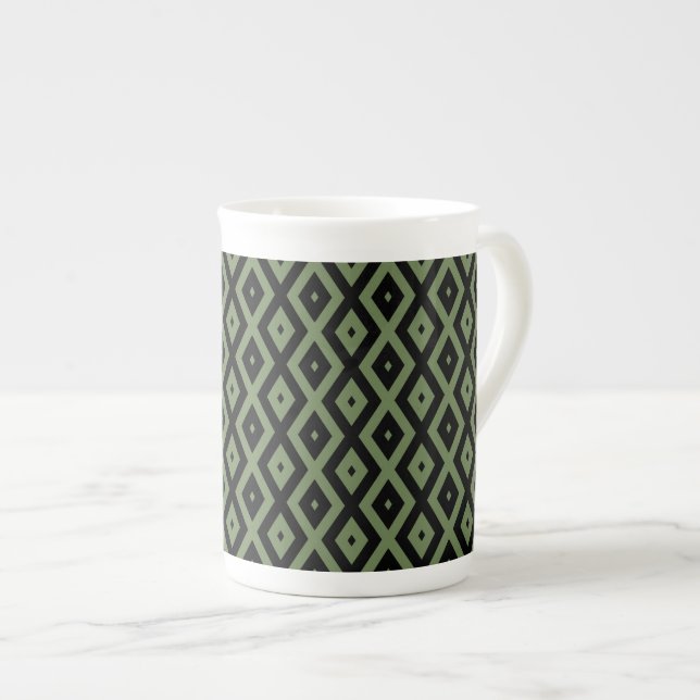Olive green and black diamond pattern bone china mug (Front Right)