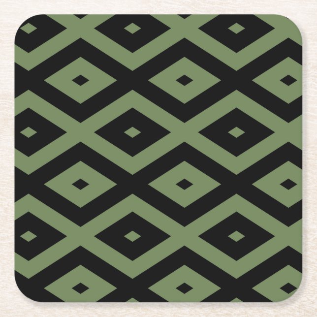 Olive green and black diamond pattern square paper coaster (Front)