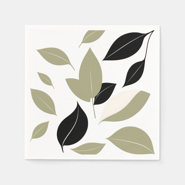 Olive Green and Black Leaf Scatter Modern  Napkin (Front)