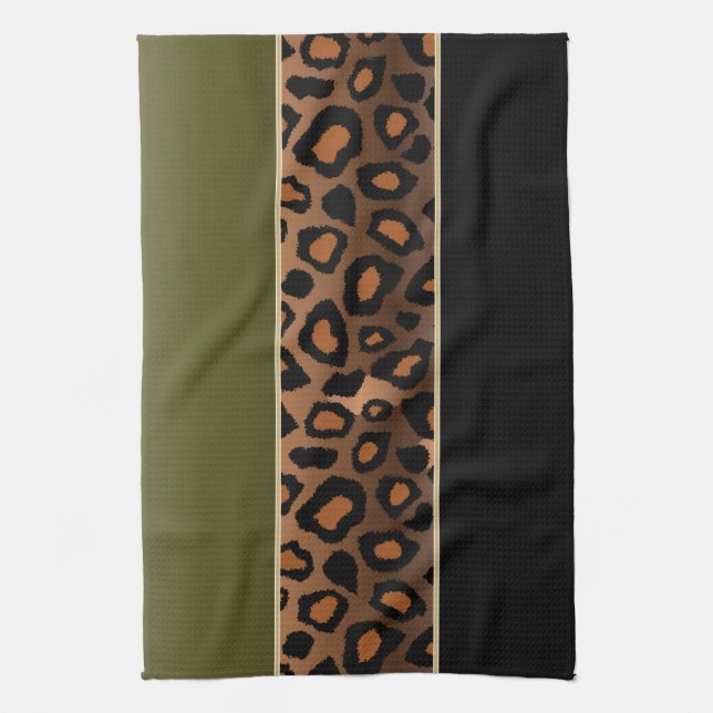 Olive Green and Black Leopard Animal Print Kitchen Towel (Vertical)