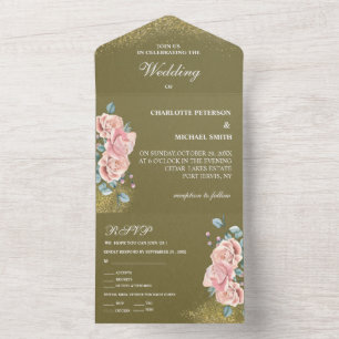 Olive Green And Blush Pink Floral Wedding All In One Invitation
