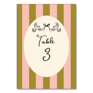 Olive Green and Blush Pink Striped Wedding  Table Number