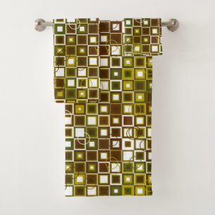 Olive Green and Brown Geometric Square Pattern Bath Towel Set