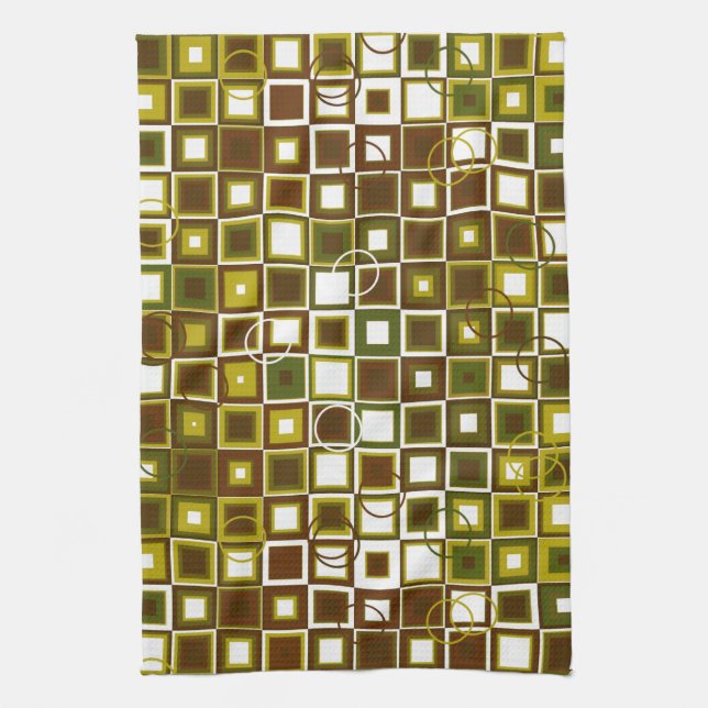 Olive Green and Brown Geometric Square Pattern Kitchen Towel (Vertical)