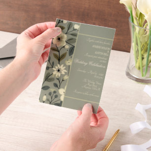 Olive Green and Champagne Floral Framed Wedding Vellum Invitations