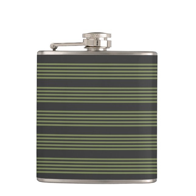 Olive green and charcoal five stripes pattern hip flask (Front)
