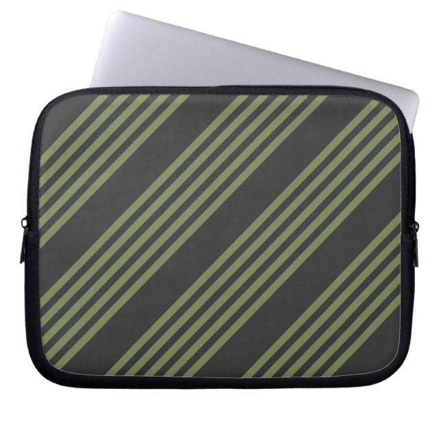 Olive green and charcoal five stripes pattern laptop sleeve (Front)