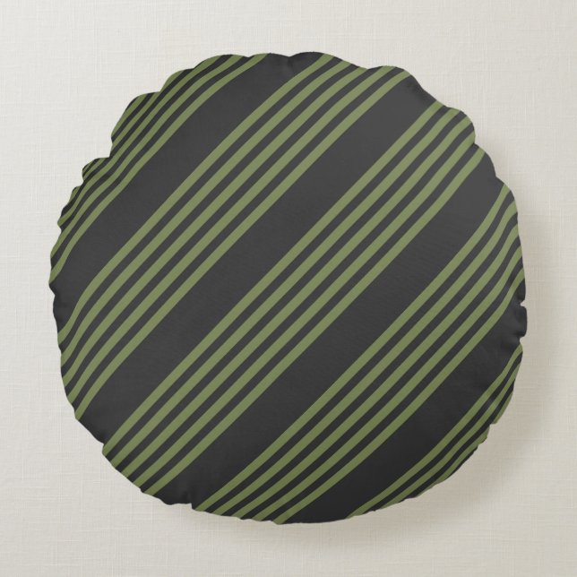 Olive green and charcoal five stripes pattern round pillow (Front)