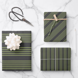 Olive green and charcoal five stripes pattern wrapping paper sheet