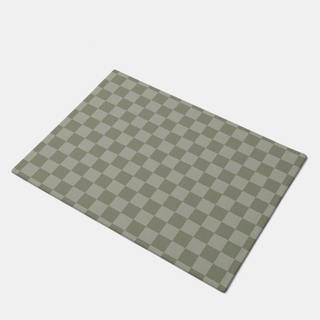 Olive Green and Grey Chequered Pattern Design Doormat (Angled)