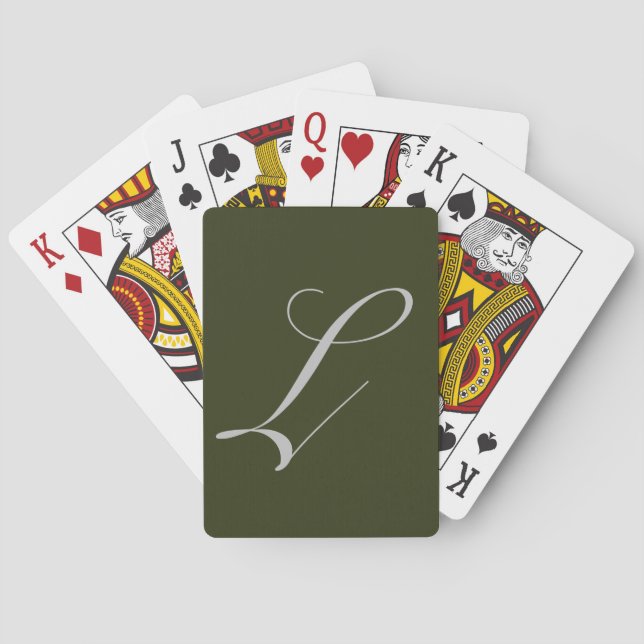 Olive Green and Grey Script Monogram Playing Cards (Back)