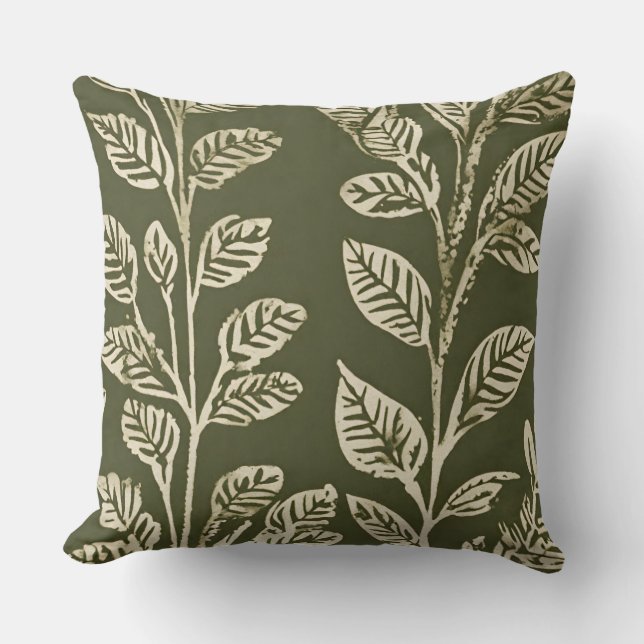 Olive Green and Ivory Simple Botanical Print Throw Pillow (Front)