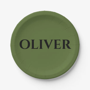 Olive Green and Minimalist Black Name   Paper Plate