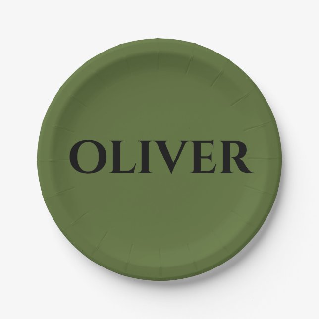 Olive Green and Minimalist Black Name   Paper Plate (Front)