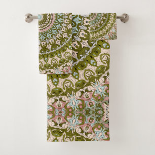 Olive Green and Pastel Mandala Pattern Bath Towel Set