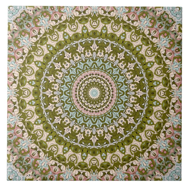 Olive Green and Pastel Mandala Pattern Tile (Front)
